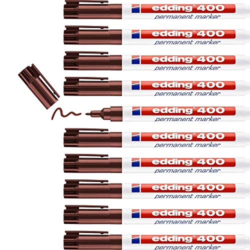 edding 400 Permanentmarker - braun - 10 Stifte - feine Rundspitze 1 mm - wasserfest, schnell-trocknend - wischfest - für Karton, Kunststoff, Holz, Metall, Glas