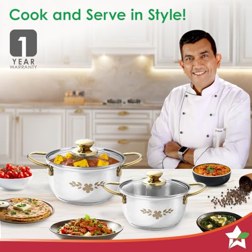 Image of Wonderchef Gold Stanton 2 Pc Casserole Set with Glass Lids, 20 cm /22 cm, Chemical-Free Food-Grade Stainless-Steel, Gold Finish, Use for Cooking & Serving, Stackable, Gift for Occasions, 1-Yr Warranty