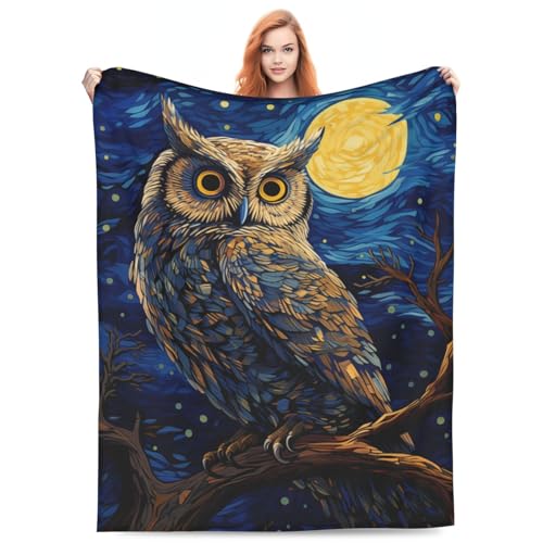 amepay Owl Blanket for Adults Kids Gifts for Owl Lovers Blue Starry Sky Painting Flannel Throw Blank