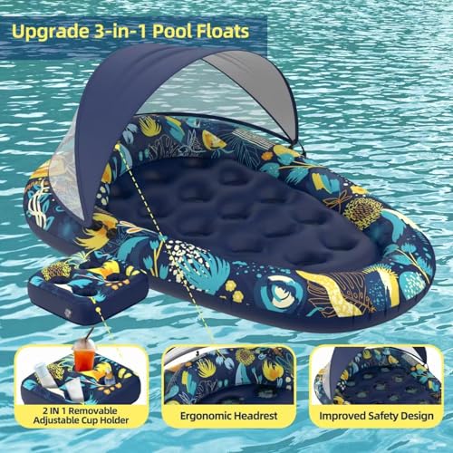 Image of Sunikko X 3-in-1 Pool Floats with Canopy Cup Holder, Tanning Pool Large 73 inch x 48 inch Float Adult Heavy Duty, Inflatable Lounger Raft Floating Chair with Backrest, Swimming Pool Lake Beach Party