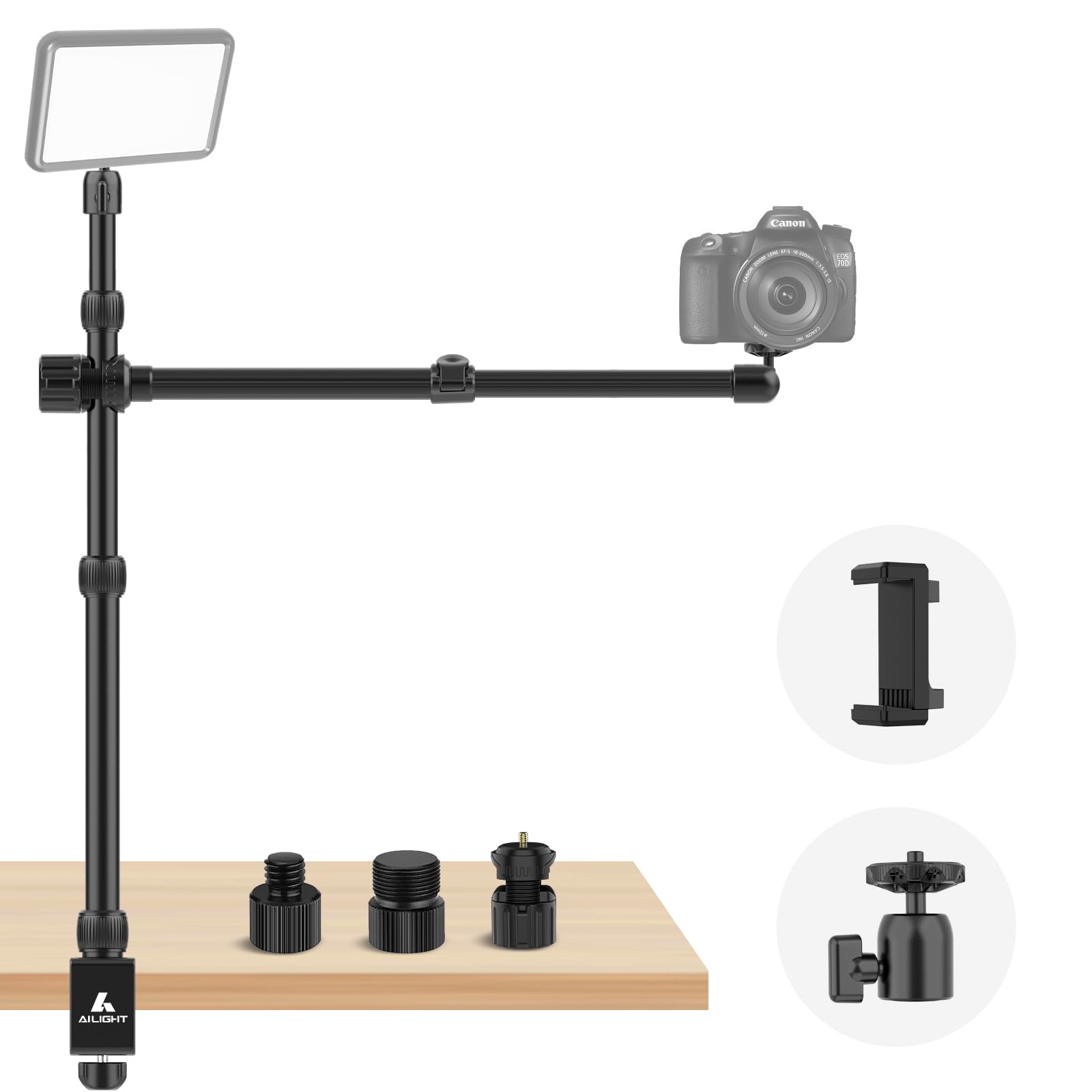 Ailight Overhead Camera Mount Table Stand, 3-Section Adjustable Desk Stand and 2 Section Telescopic Arm with 1/4“ Screw&360° Ball Head, C-clamp Tabletop Mount for DSLR Camera/Webcam/Microphone/Lights