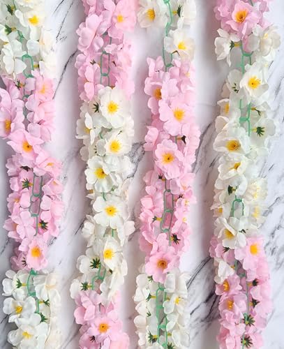Image of VRB Dec 1 Pcs Artificial Flowers Vine Blossom /Roses Garland Fake (6 feet) Flowers Fabric Roses /Blossom Garland for Wedding Decor Diwali /Ganpati /Garden Wall Valentine (White & Pink Combo Blossom)