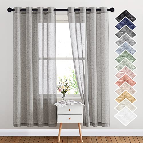 NICETOWN Sheer Curtains Open Linen Blend for Bedroom Windows, Grommet Natural Linen Flax Texture Privacy with Light Filter Vertical Drapes for Living Room, Charcoal Grey, W52 x L72, 2 Panels