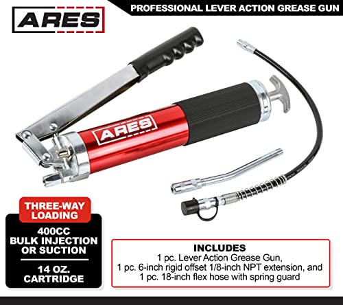 Image of ARES 53013 - Professional Lever Action Grease Gun - 400cc Bulk and 14 Ounce Cartridge Loading - 4500 PSI Working Pressure Rating - 18-Inch Flex Hose and 6-Inch Offset Extension