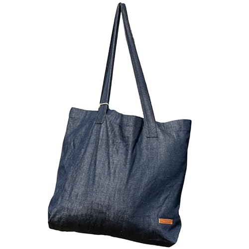 Open Road Goods Organic Tote Bag - 100% Cotton Canvas Beach Bag - VW Bus Shaka Hang Loose Denim- Eco Friendly Fair Trade (Denim)