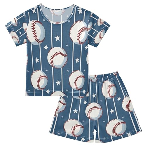 senya Short Sleeve Pajamas Sets Summer Cotton Sleepwear Sport Baseball Balls Star Blue Stipes