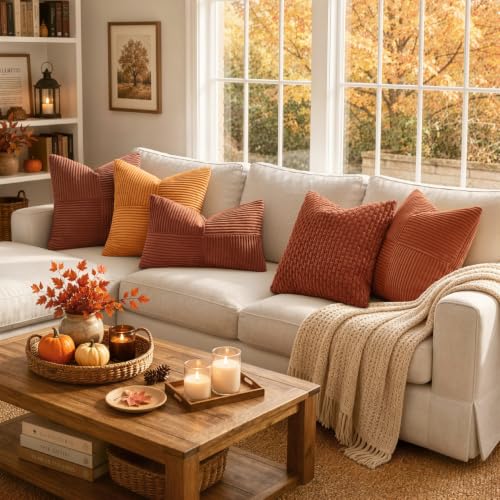 Image of MIULEE Fall Rust Decorative Lumbar Throw Pillow Covers 14x24 Inch for Couch Bed Sofa Pack of 2, Terracotta Farmhouse Earth Tones Home Decor, Soft Cross Corduroy Patchwork Textured Cushion Cases