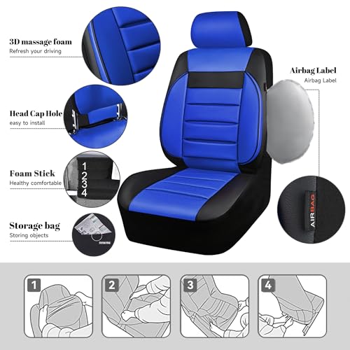 Image of CAR PASS Leather Seat Covers Full Set Universal Water Resistant 3D Foam Back Support, Luxury Comfort Automotive 5 Seat Covers All Season Fit for SUV,Sedan,Van, Airbag Compatible Elegance(Blue Black)