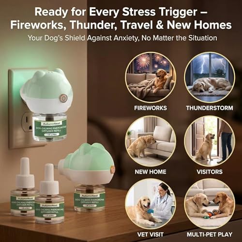 Image of Calming Diffuser for Dog, Pheromone Plug-in Set (2 Diffusers & 6 Refill 48ml) for Dog Anxiety Relief, Reduces Barking, Aggression, Destructive Behavior, Fireworks Fear, 180-Day Dogs Calming Diffuser