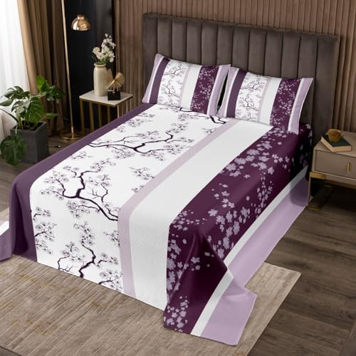 Feelyou Purple Floral Bedspread King Size Cherry Blossoms Coverlet Set Stripe Line Quilt Set Modern Geometric Bedding Cover for Boys Girls Kids Adults