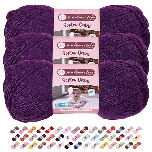 Image of Makromecity Softee Baby Yarn,%100 Premium Anti-Pilling Acrylic, 3.5 Oz, 273 yd (100gr /250 mt), Soft Yarn for Crocheting and Knitting (Purple, 3 Skeins)