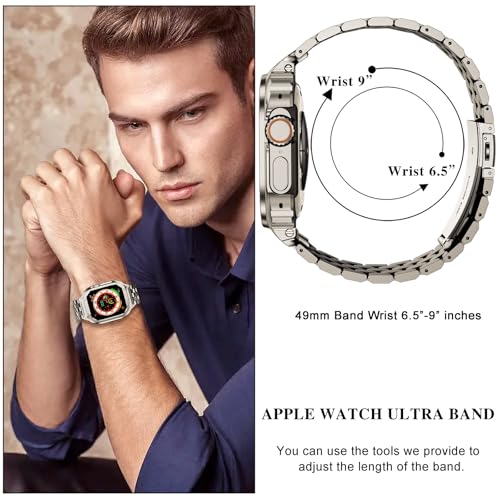 Image of SUPLINK Stainless Steel Case with Bands Compatible with Apple Watch Ultra 2 Band / 1 / Apple Watch Ultra 3 Band 49mm, Metal Rugged Protective Bumper Adjustable Strap for iWatch Bands Men(Titanium Color)
