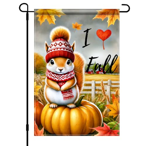 Image of BlissYard I Love Fall Garden Flag Squirrel Pumpkin Decor 12x18 Inch | Double sided polyester, I Love Fall squirrel artwork, cozy woodland charm for Thanksgiving porch and yard displays