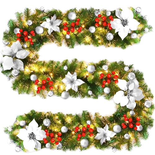 9FT Christmas Garland, Christmas Decorations, Artificial Pine Garlands, Hanging Vine Garland, with Silver Flower and Silver Ball, for Fireplace, Wall, Door, Xmas Tree, Garden, Yard, Holiday Decor