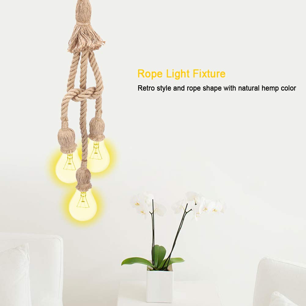 0.5m E27 Vintage Hemp Rope Ceiling Light Base, Pendant Light Cord Vintage Hemp Rope, Pendant Lamp Bulb Holder 85-265V, Dining Hall Restaurant Bar Lighting(3 Holder)