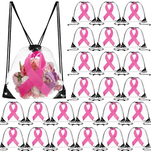 24 Pcs Breast Cancer Awareness Drawstring Backpack Pink Ribbon Clear Drawstring Bags Breast Cancer Awareness Items Bulk Hope Pink Backpack for Women Charity Events Party Gifts(Black)