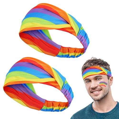 Cosweet Gay Pride Headbands - Moisture-wicking Milk Silk Rainbow Sweatbands Highly Elastic LGBTQ Hair Accessories for Men Women Adults Pride Parade Festival Party (2 Pack Rainbow Flag Style)