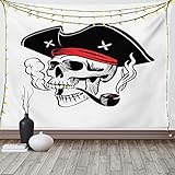 ABAKUHAUS Schädel-Rauchen Wandteppich & Tagesdecke, Piraten-Skelett Kopf, aus Weiches Mikrofaser Stoff Wand Dekoration Für Schlafzimmer, 150 x 110 cm, Weiß Koksgraue