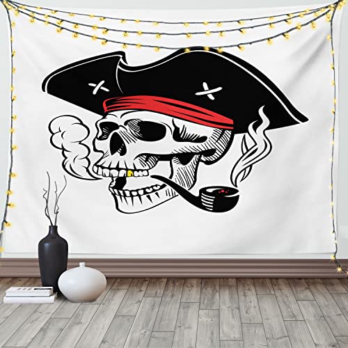 ABAKUHAUS Schädel-Rauchen Wandteppich & Tagesdecke, Piraten-Skelett Kopf, aus Weiches Mikrofaser Stoff Wand Dekoration Für Schlafzimmer, 150 x 110 cm, Weiß Koksgraue