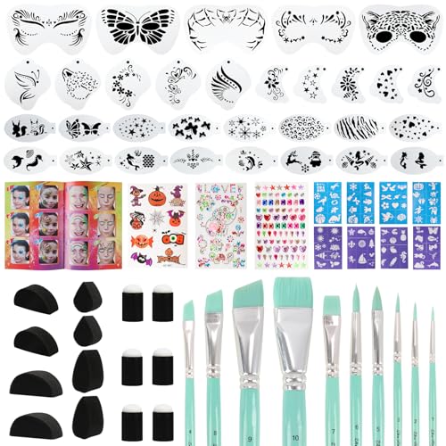 67-Piece Deluxe Face Painting brushes and Stencils Kit - Safe Non-Toxic Tools with Brushes, Sponges...