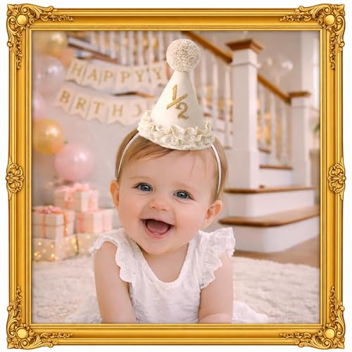 Image of piercing Half Birthday Decoration for kids, 1 /2 Birthday Decorations for kids, Half Way to One Decoration, Half Birthday Cap, Adorable Party Hat Milestone, Great for Photo Shoots