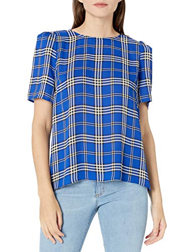 Vince Camuto Women's Short Sleeve Shoulder Plaid Blouse, Electric Blue, Medium