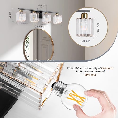Image of She's home 28 Inch Black Gold Vanity Light for Bathroom 4 Lights, Bathroom Wall Light Fixture Over Mirror with Crystal Shade