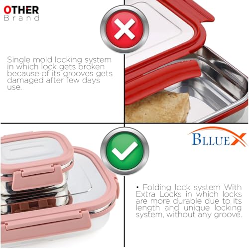 Image of Premium Stainless Steel Tiffin Lunch Box Set, 700ml + 200ml | Leak-Proof, Airtight, Food Grade Steel | 4 Side Clip Lock Lid (2PC Pink, Lunch Box - for Kids)