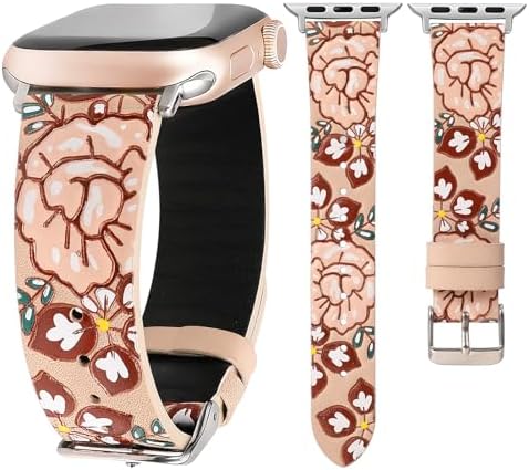 Moolia Floral Leather Band Compatible with Apple Watch Band 42/41/40/38/46/45/44/49mm Women, Cute Romantic Vintage Rose Pattern Strap for iWatch Series 11 10 9 8 7 6 5 4 3 2 1 SE/Ultra(1/2/3)