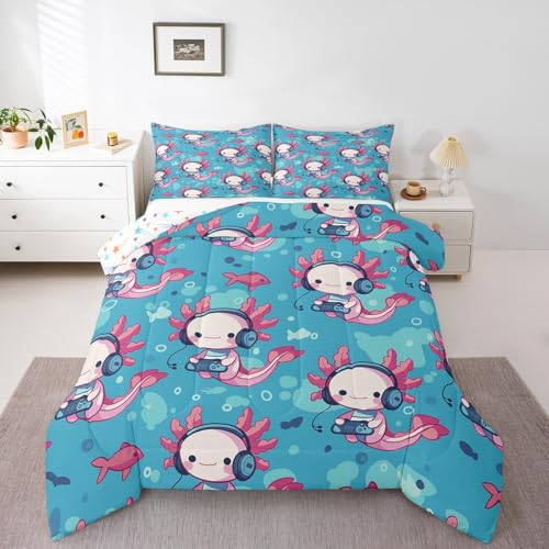 Homewish Divertido juego de ropa de cama individual de ajolote, juegos de edredón de videojuegos para niños y niñas, decoración de habitación de niños, juego de edredón de animales marinos y vida