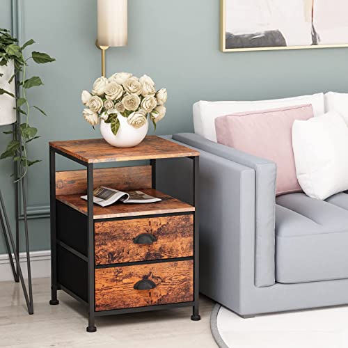 Furologee Set Of 2 Nightstand, End Table With 2 Fabric Drawers And Shelf, Industrial Side Sofa Table, Bedside Accent Furniture Metal Frame Easy Assembly For Living Room/Bedroom/Hallway, Rustic Brown #TOP4