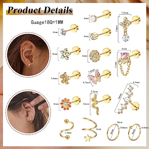 LOYALLOOK 18PCS Cartilage Earring Stud for Women Surgical Steel Flat Back Earrings Couch Hoop Piercing Opal Flower Sanke Helix Tragus Piercing CZ Cartilage Earring Piercing2