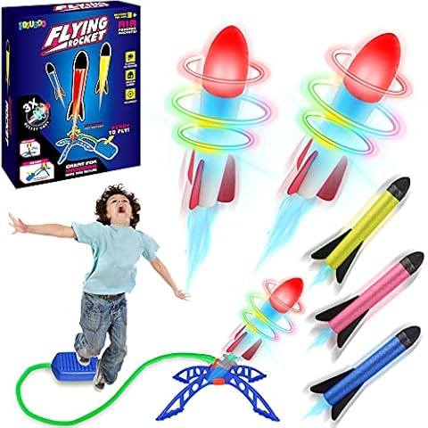 Rocket Toy for Kids, 6 Rocket Toys ( 3*LED Rockets + 3*Foam Rockets + Stickers) Garden Toys for 3 4 5 6 7 Years Old Boys Girls, Air Rocket Launcher Toy, Kids Toy Gift Sets for Outdoor, Indoor, Garden Cover