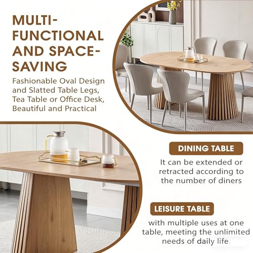 Image of 39.37 inch-70.87 inch Round Extendable Dining Table for 4 6 8, Wooden Expandable Oval Kitchen Table with Slatted Table Legs, Modern Farmhouse Extending Table for Dining Room Living Room Open Kitchen Space