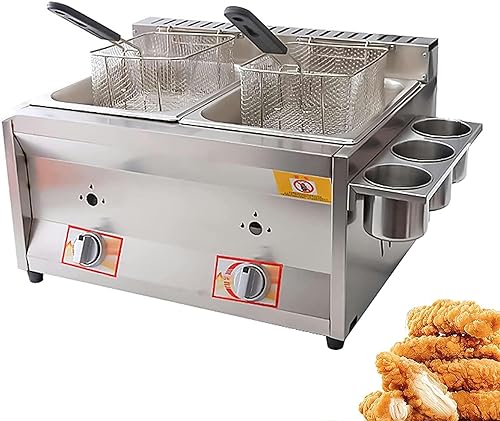 WQZzjm Freidora a Gas Comercial de 10 l x 2, de Acero Inoxidable, de Baja presión, con Doble Olla y cestas para freír.