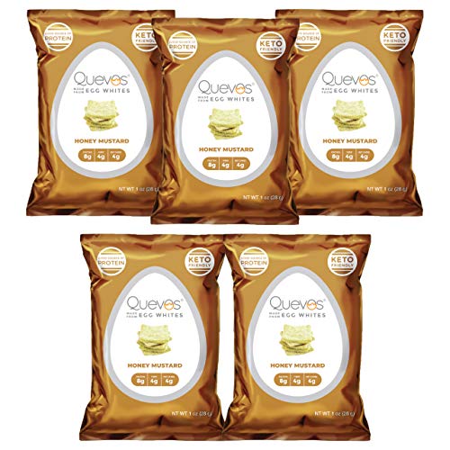 Quevos Keto Honey Mustard - Low Carb Egg White Chips - Crunchy, High Protein, Keto Snacks - Gluten Free Snack, High Fiber - Perfect for Any Diet - 1 oz Bags (Pack of 5)