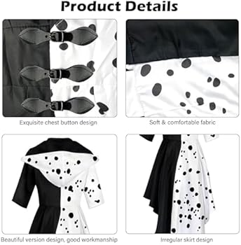 Movie 101 Dalmatians Cruella De Vil Costume Women Cosplay Gown Black White Maid Dress Halloween Christmas Party Fancy Dress - 200000532