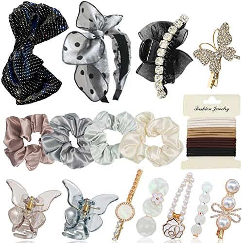 30 Pcs Hair Accessories for Women Girls, Scrunchies and Hair Clips Set, Butterfly Hair Clips, Silk Scrunchies, Elastic Hair Ties, Large Claw Clips, Big Bow Hair Barrettes, Hair Styling Accessories Hair Bands for Women's Hair Black
