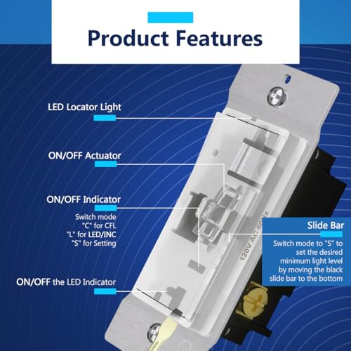 Image of LIDER Dimmer Paddle Switch for Dimmable 300W LED /CFL Lights, 1-Pole or 3-Way, 120 V, Modern Upgrade, Wall Plate Included, UL Listed, Thermoplastic, Matte White, 2-Pack