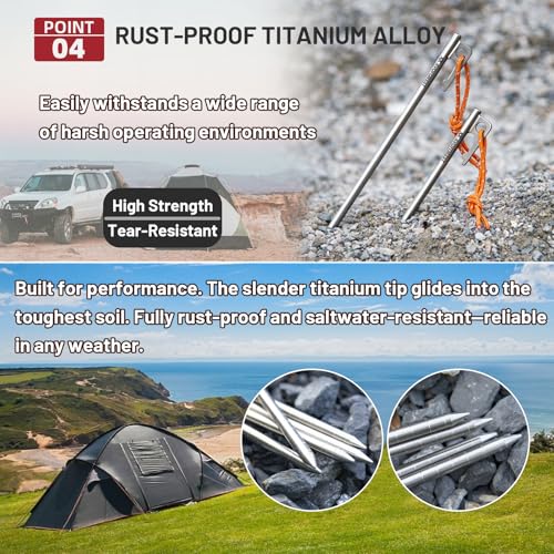 Heavy Duty Tent Stakes - Clavijas para Tienda Grosor Titanio con Cordones Reflectivos, Anclas de Tierra Ultraligeras de 8 Pulgadas Resistentes a la Oxidación para Suelo Duro, Lona y Toldo (Paquete de 8) miniatura 3