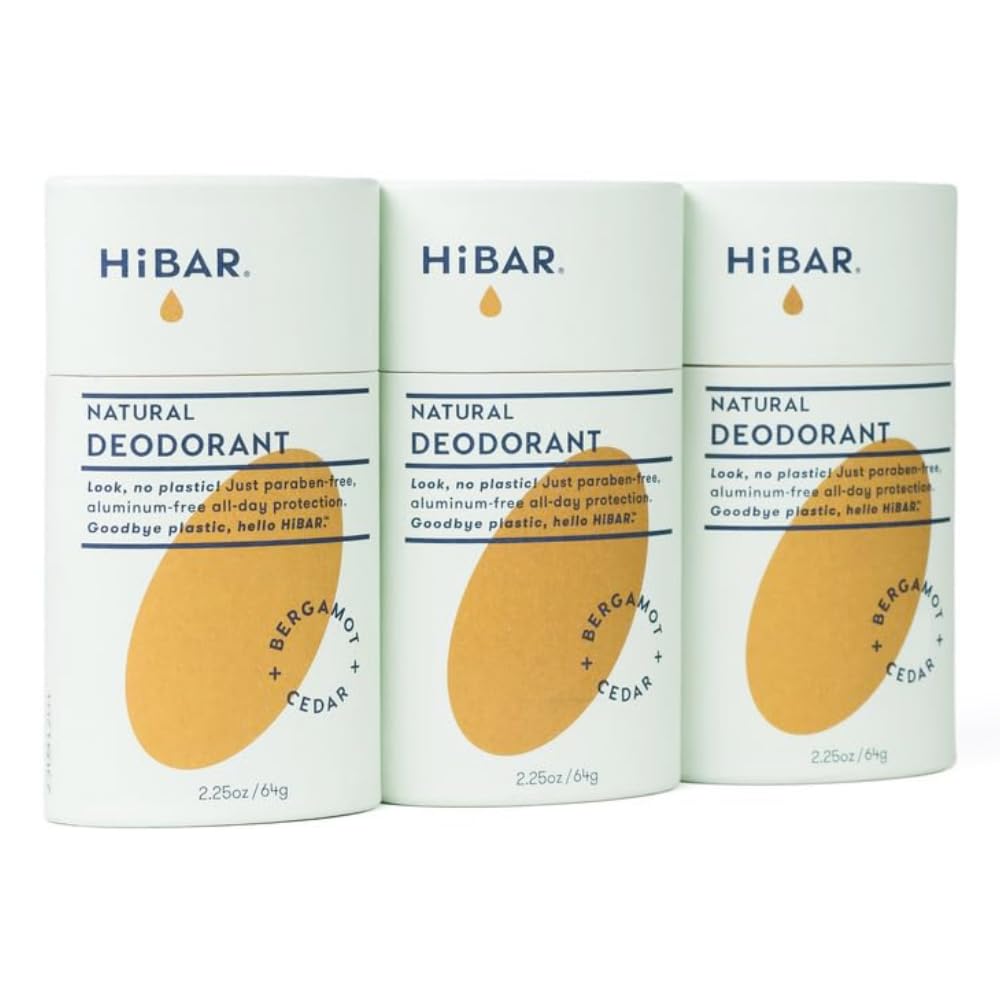 HiBAR - Bergamot & Cedar Plastic Free Deodorant - Natural Deodorant - All-Day Protection - With Sunflower Seed Wax, Rice Bran & Shea Butter - Plastic, Paraben & Aluminum-Free - Vegan - 3 Pack