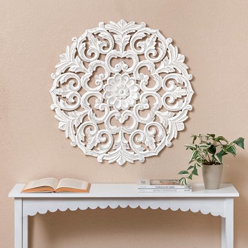 Image of JFY Designs Varinia Hand Carved Wood Medallion Wall Panels Bedroom Decor | Wall Mount Floral Sculpture Wall Art for Living Room, Bedroom Set, White Distressed Finish, Round 30 x 30 inch