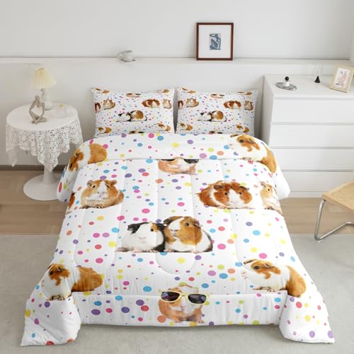 Image of Guinea Pig Bedding Set for Girls Boys Children Cute Cavy Pattern Comforter Decorative Cartoon Lovely Pet Animal Comforter Set Colorful Polka Dots Duvet Set Twin Size 2Pcs Bedspreads Coverlet Sets