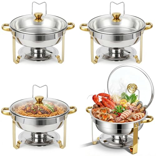 food Warmer Server Chafing Dish Buffet Set Round Catering Warmer Server Stainless Steel with Glass Lid Water Pan Lid Stand Fuel Holder Cover (4pcs)