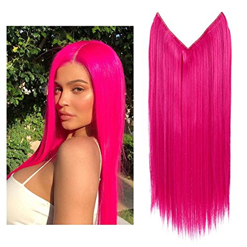 SARLA Rose Colored Hair Extension Highlight Streak Long 22"Straight Halo Secret Flip in Natural Synthetic Hair Pieces For Women Hairpiece Hidden Wire Crown Headband Heat Friendly Fiber No Clip M02Rose