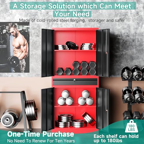 Image of SISESOL Metal Storage Cabinet with Drawer and Lock,Garage Storage Cabinet with Locking Doors and Shelves,71 inch Black Red Metal Cabinets,Lockable Steel Tool Cabinets for Garage,Home,Office,Shop