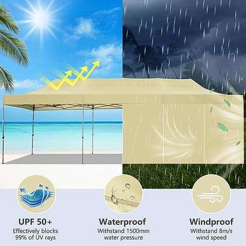 Image of COBIZI 10x30 Heavy Duty Pop Up Canopy Tent with 8 Sidewalls Thicken Frame, Commercial Easy Up Outdoor Wedding Party Tents, All Season Waterproof Windproof with Stakes Sandbags Ropes Roller Bag, Khaki