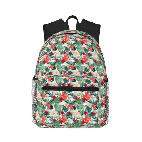 Sac à dos léger motif feuilles végétales et fleurs d'hibiscus pour ordinateur portable