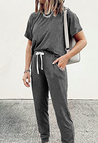 Image of PRETTYGARDEN Women Summer Two Piece Outfits Striped Short Sleeve Pullover and Long Pants Tracksuit Travel Pajama Lounge Set