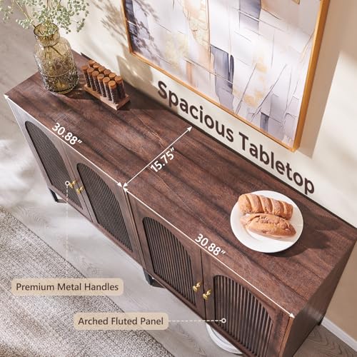 Modern Buffet Cabinet with Storage, 61.75" W Fluted Arched Sideboard Cabinet w/Adjustable Shelves, Wooden Modular Coffee Bar for Dining Room, Kitchen, Living Room, Entryway, Brown - Image 5
